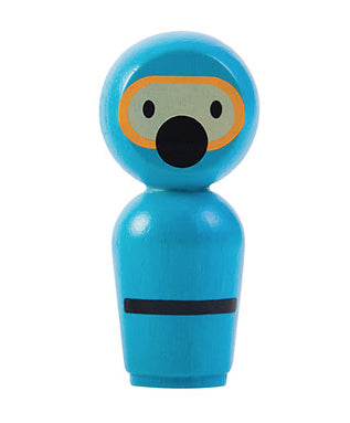 The diver from the Plan Toys Submarine Bath Toy on a plain background. 