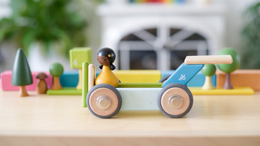 Tegu wooden toy car with wooden trees in the background