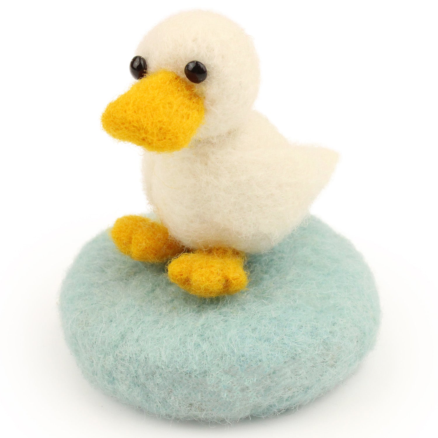 A fully made The Makerss - Amiguwoolli Tiny Duck Mini Needle Felt Figure. The duck is made from white woolen felt