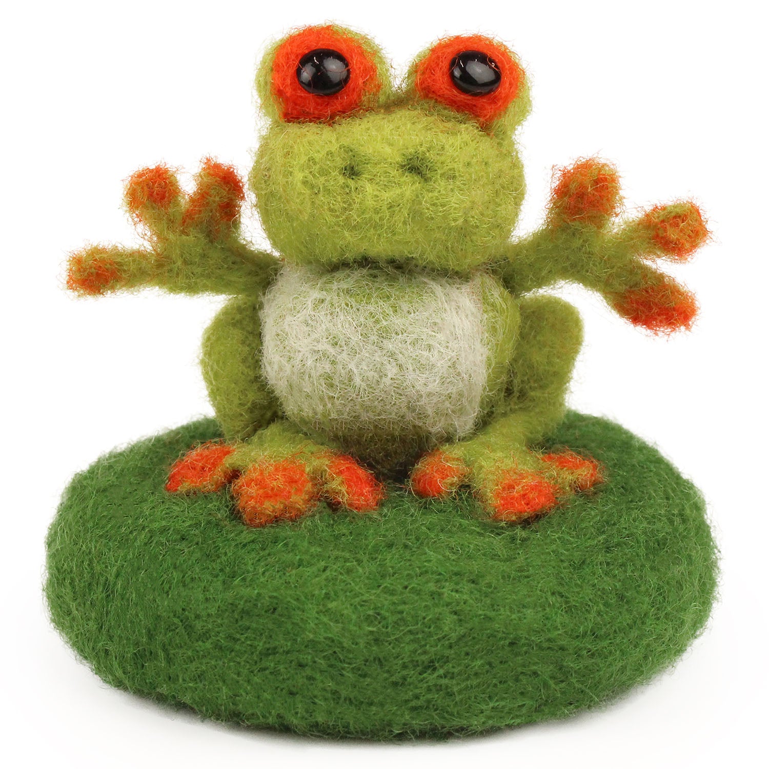 A fully made The Makerss - Amiguwoolli Tiny Frog Mini Needle Felt Figure. The frog is made from lime green woolen felt