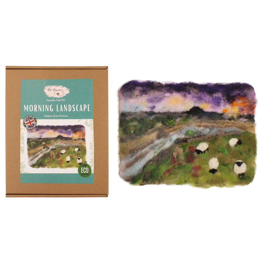 The Makerss - Morning Landscape Needle Felt Crafting Kit. This felting kit creates a beautiful 2d picture of a morning sunrise filled with texture