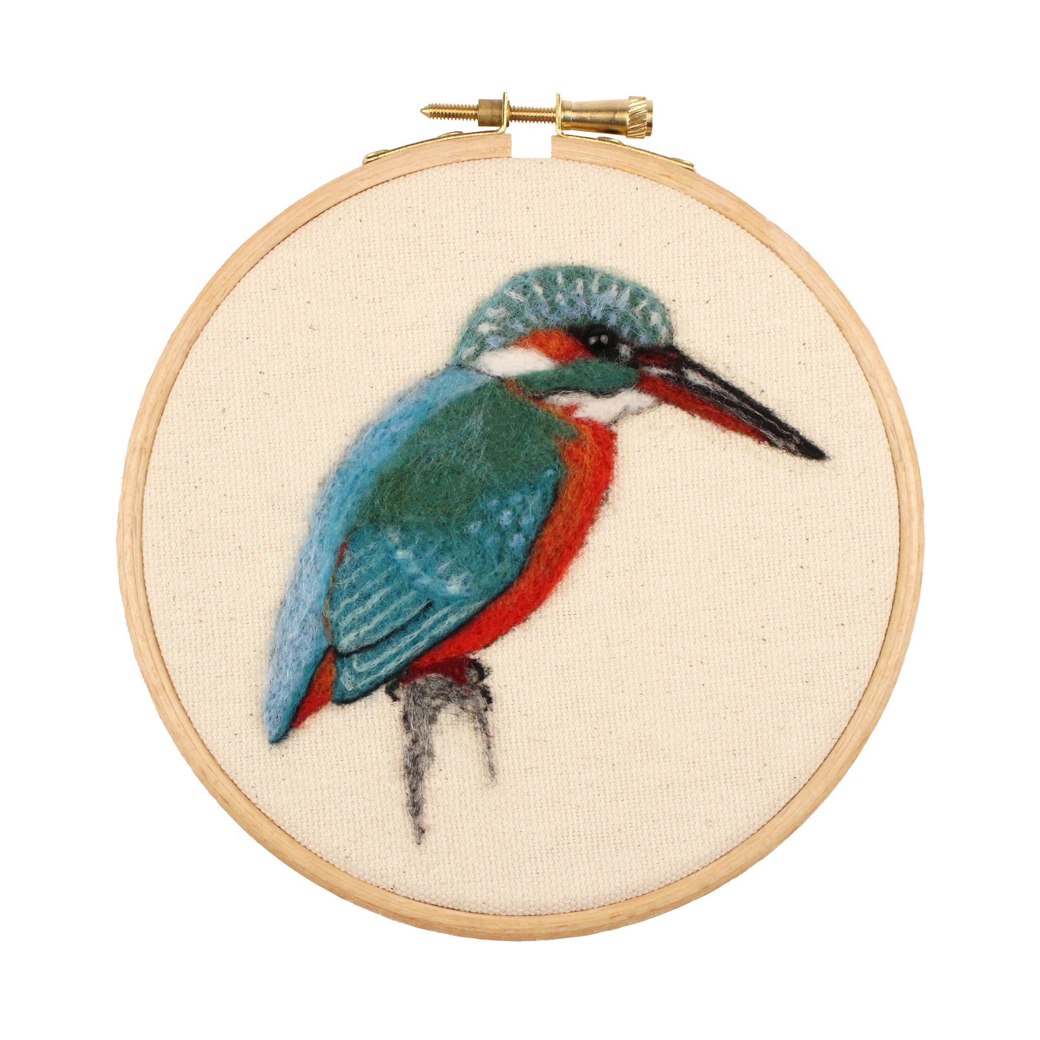 The Makerss 2D RSPB Kingfisher Needle Felting Kit. A 2D needle felting craft of a colourful kingfisher bird, in a crafting hoop on beige fabric