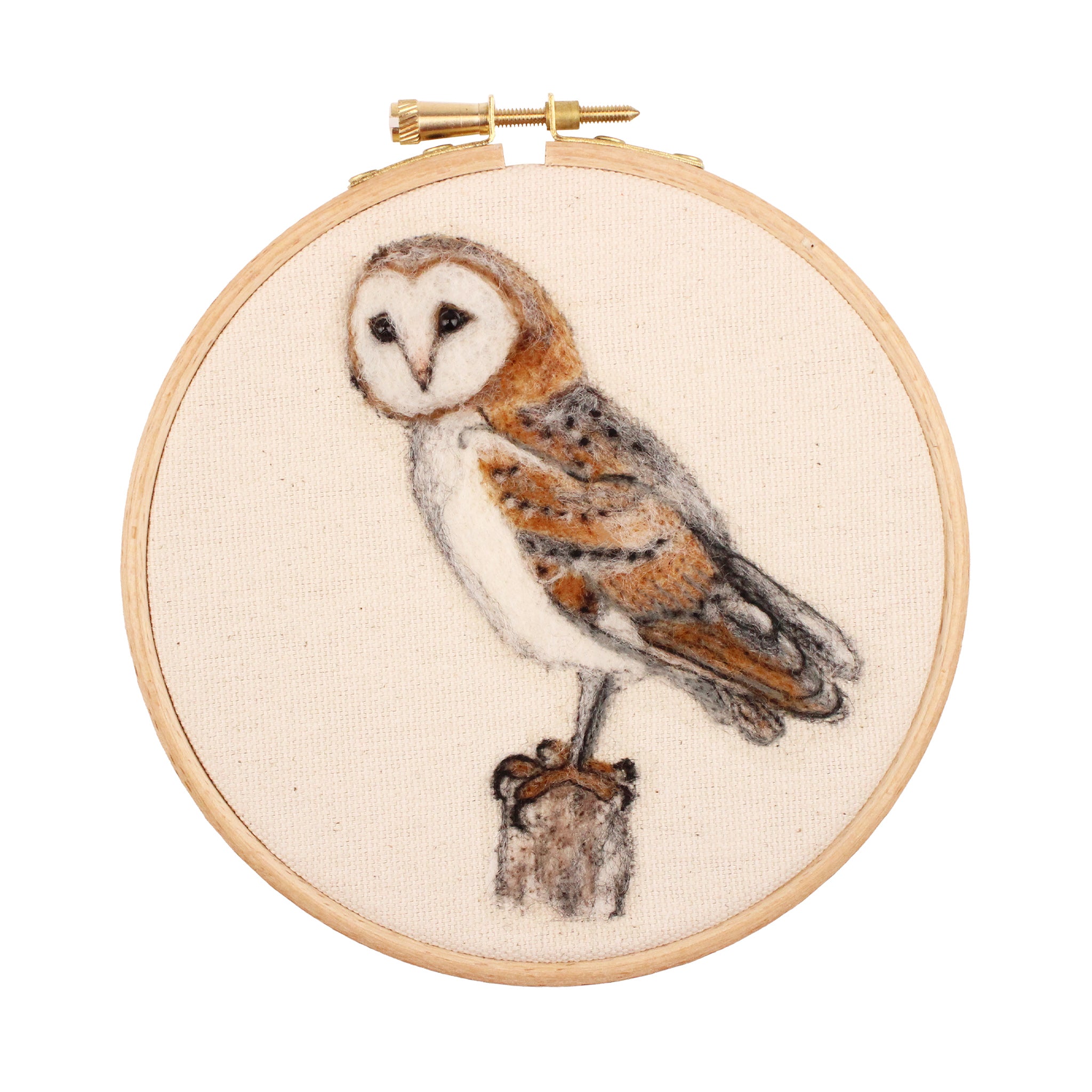 The Makerss 2D RSPB Barn Owl Needle Felting Kit. A 2D needle felting craft of a beautiful brown Barn Owl, in a crafting hoop on beige fabric