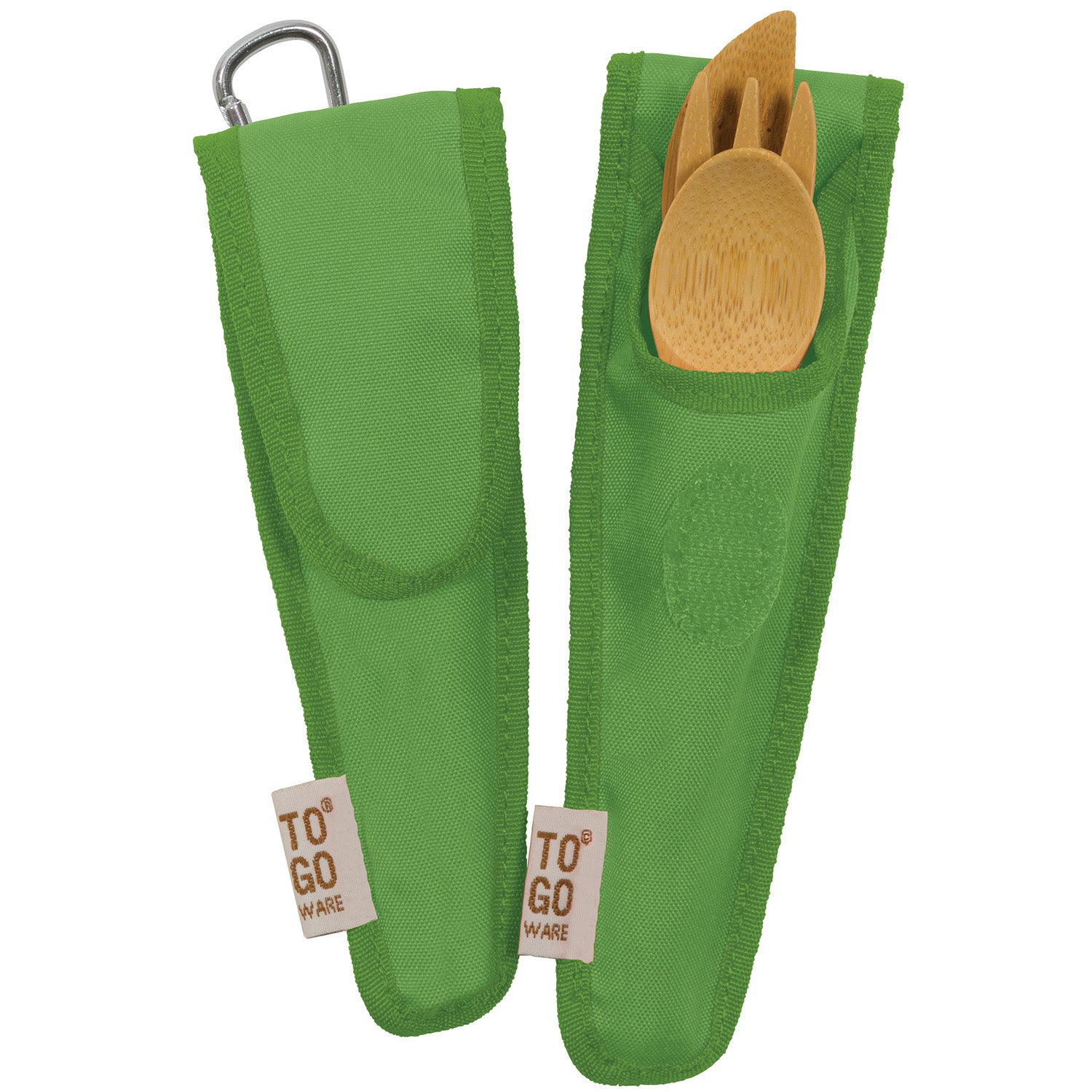 and spoon. The set comes with a kiwi-coloured carry case with a carabiner.