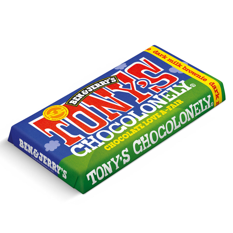 Tony's Chocolonely x Ben & Jerry's Fairtrade dark milk brownie chocolate bar on a white background