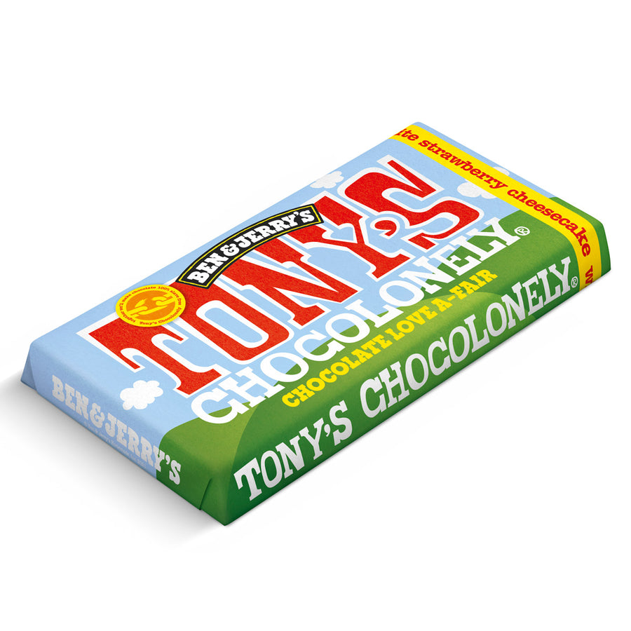 Tony's Chocolonely x Ben & Jerry's Fairtrade white chocolate strawberry cheesecake chocolate bar on a white background