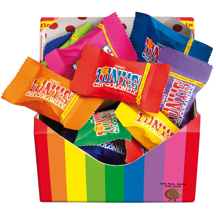 An open box of Tony's Chocolonely Tiny Tony's Gift Box