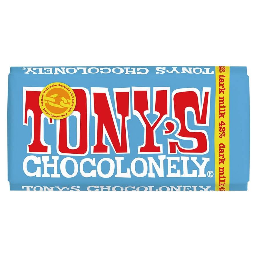 Tony's Chocolonely Fairtrade Dark Milk Chocolate 180g, with a light blue wrapper, large Tony's logo. On a white background