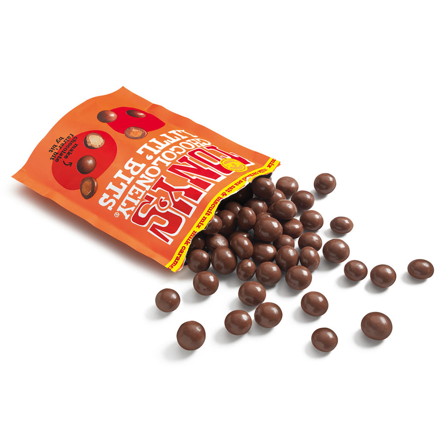 Tony's Chocolonely Litl' Bits Milk Caramel Sea Salt Biscuit open pouch showing chocolates inside