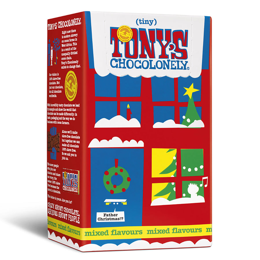 Tony's Chocolonely Tiny Tony's Christmas Box showing a Christmas house scene on the front of the box