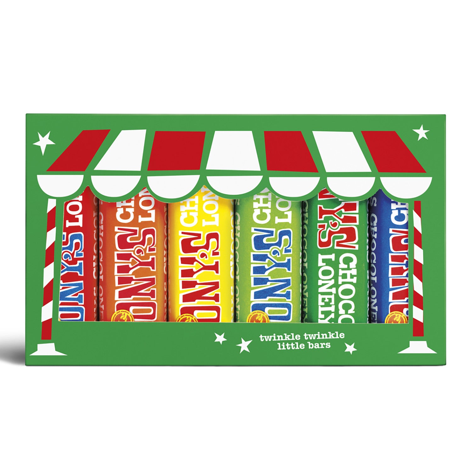 Tony's Chocolonely Fairtrade Christmas Chocolate Bar Tasting Pack in a green box