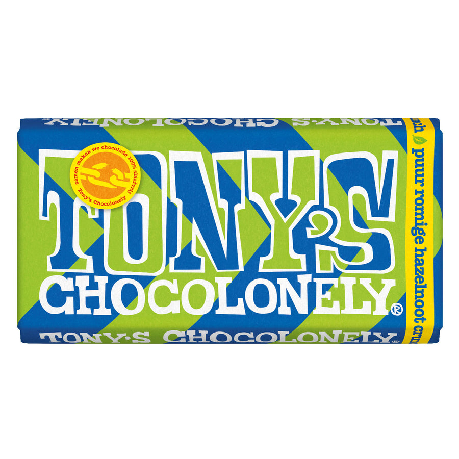 Tony's Chocolonely Dark Creamy Hazelnut Crunch Bar 180g pictured on a plain background