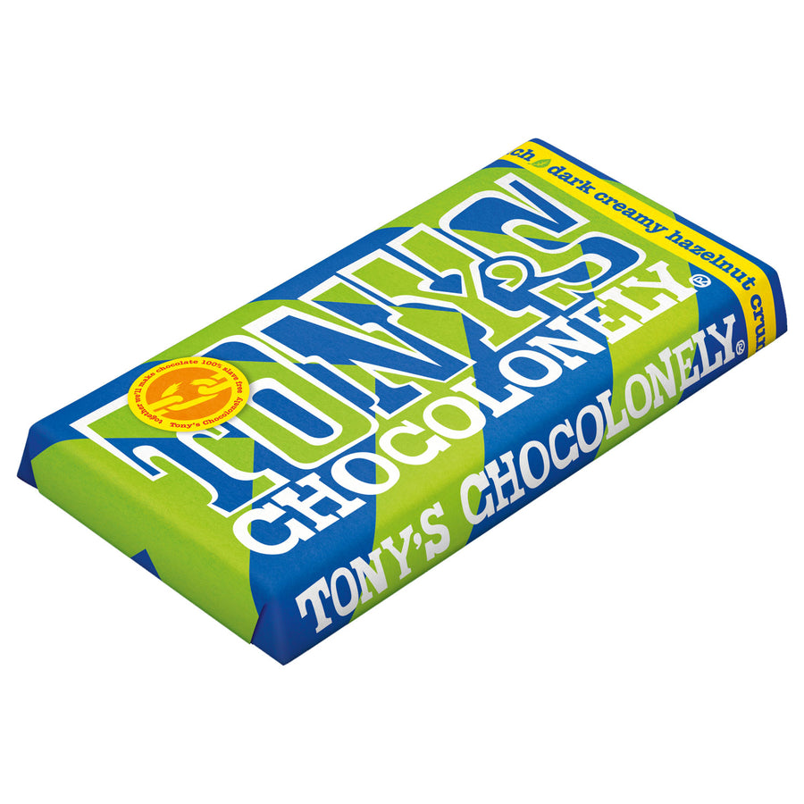 Tony's Chocolonely Dark Creamy Hazelnut Crunch Bar 180g pictured on a plain background