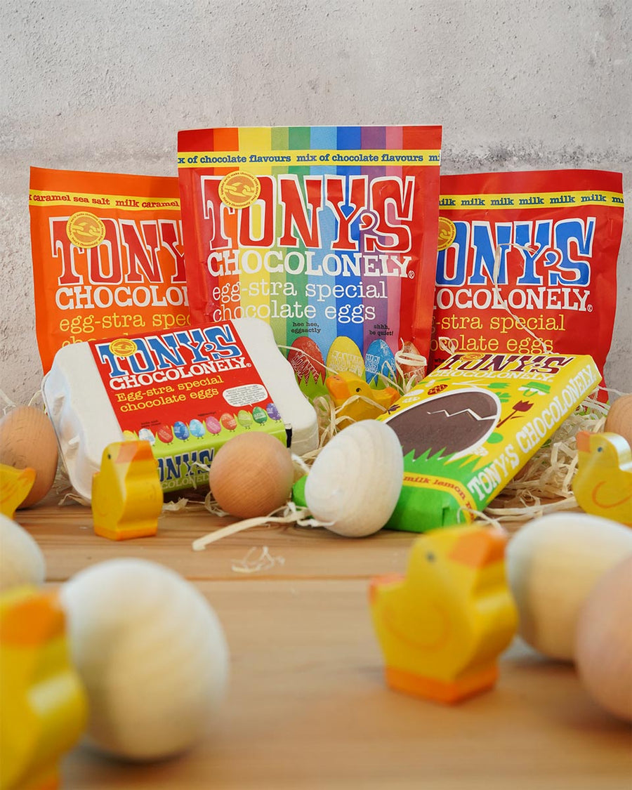 Tonys chocolonely eco-friendly fairtrade easter chocolates on a pile of straw