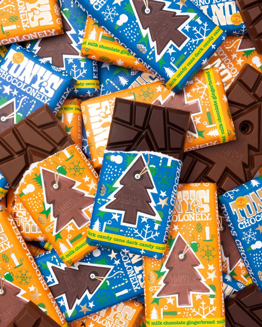 Close up on a pile of Tony's dark candy cane and milk chocolate gingerbread bars