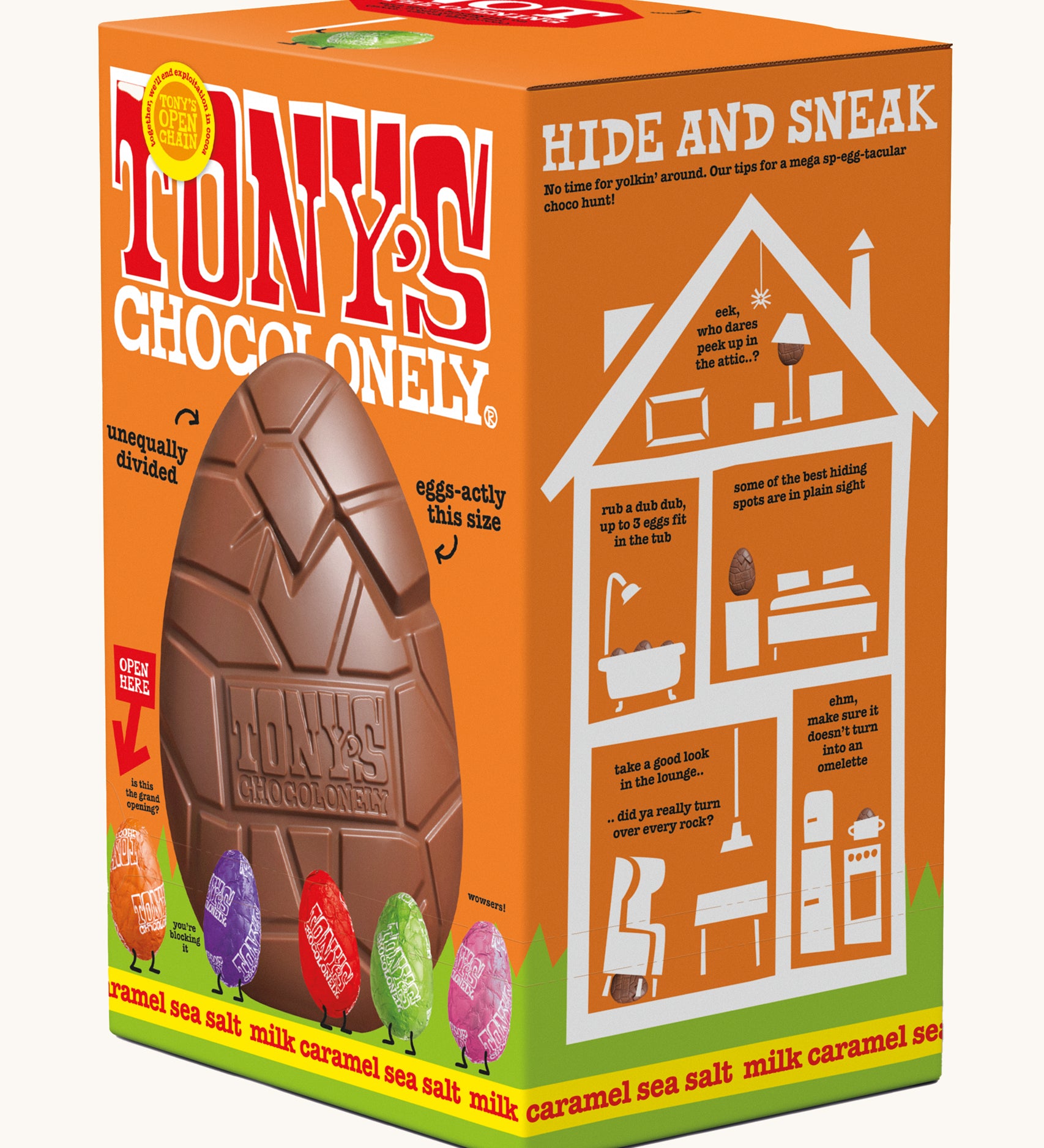 Tony's salted caramel sea salt chocolate hollow Easter egg in a orange cardboard box on a plain background, the box is at an angel showing the side of the box.