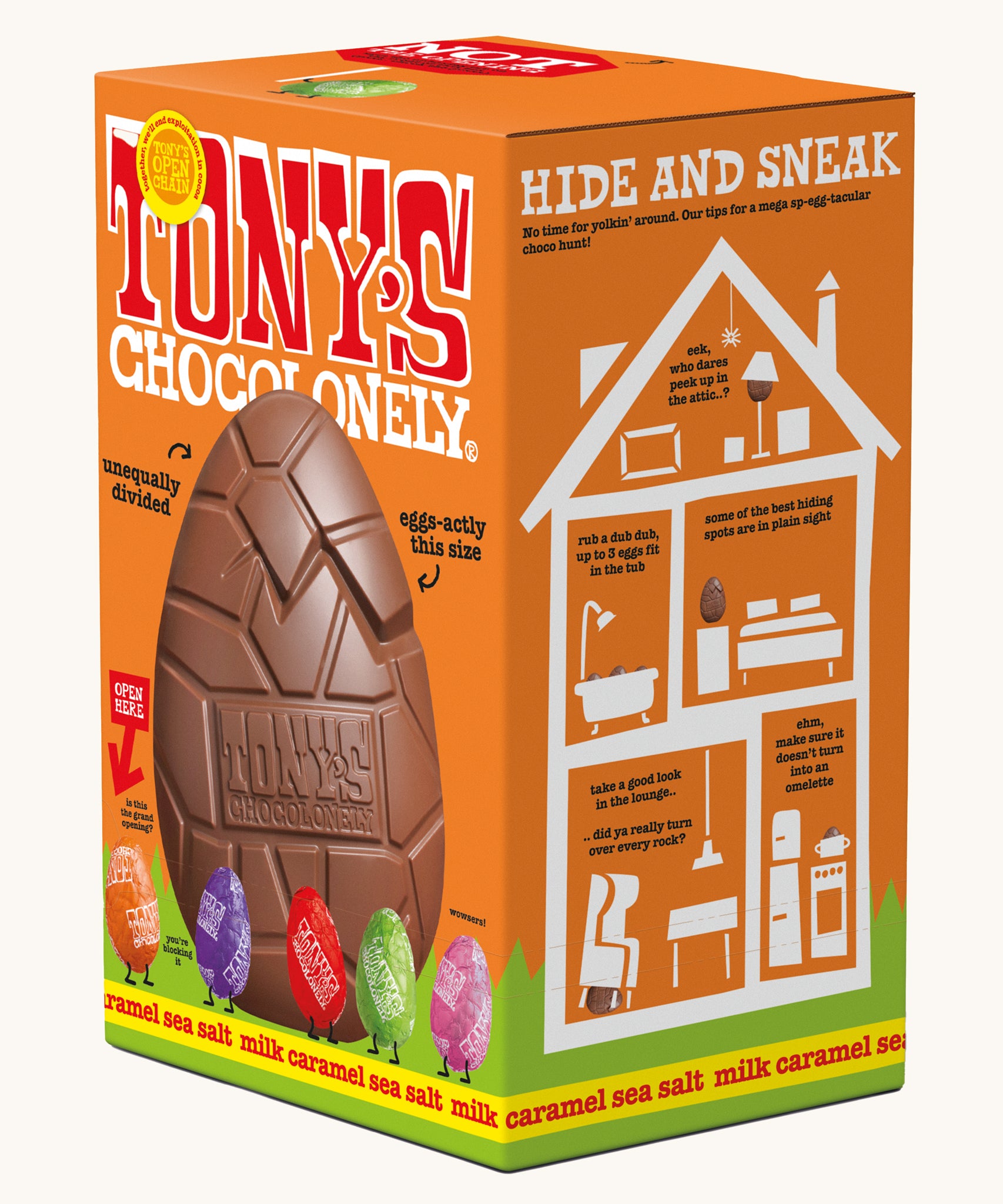 Tony's salted caramel sea salt chocolate hollow Easter egg in a orange cardboard box on a plain background, the box is at an angel showing the side of the box.