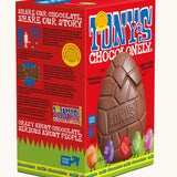 Tony's milk chocolate hollow Easter egg in a red cardboard box on a plain background. Shown at an angle, showing the side of the box.