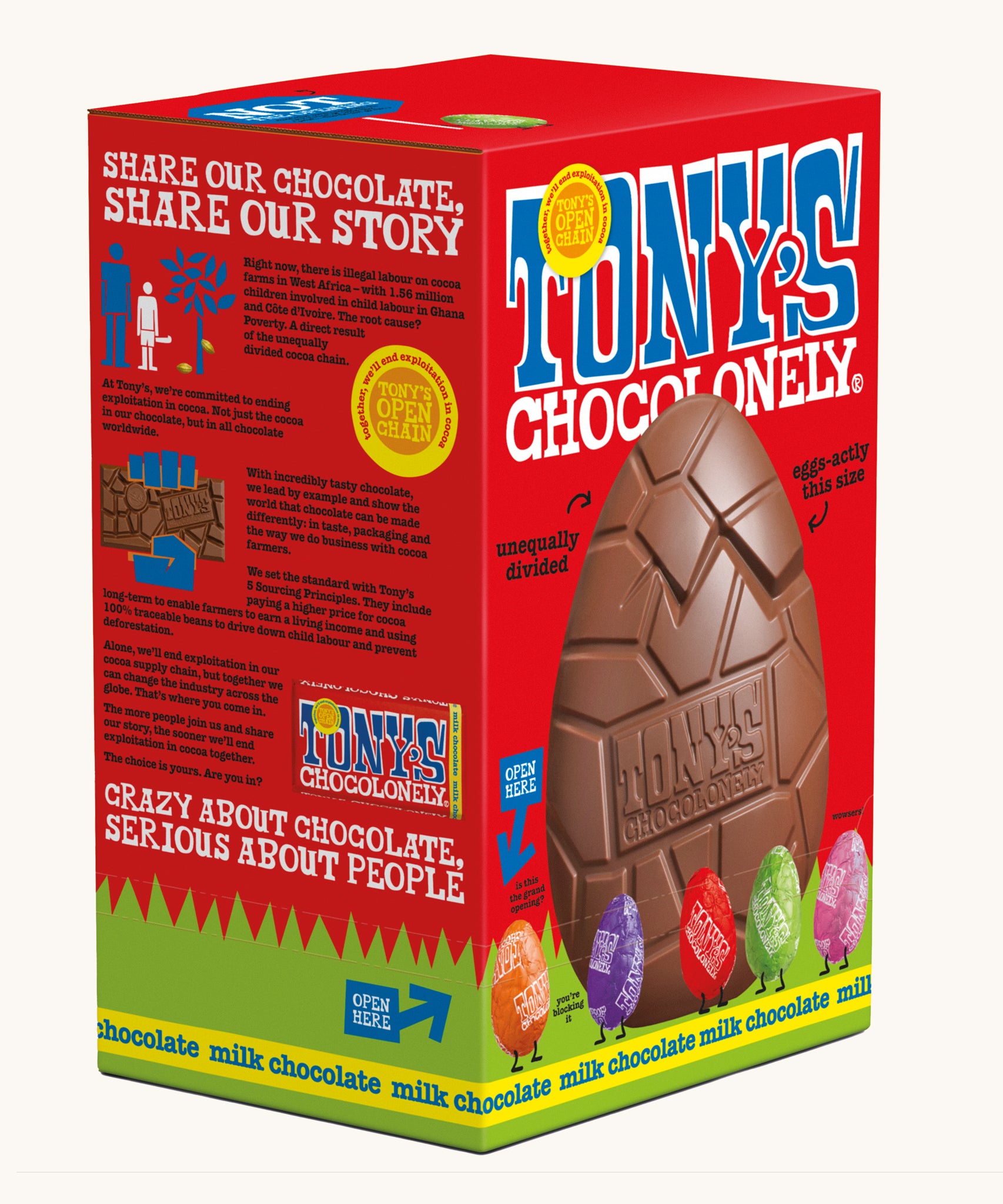 Tony's milk chocolate hollow Easter egg in a red cardboard box on a plain background. Shown at an angle, showing the side of the box.