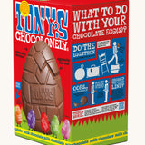 Tony's milk chocolate hollow Easter egg in a red cardboard box on a plain background. Shown at an angle, showing the side of the box.