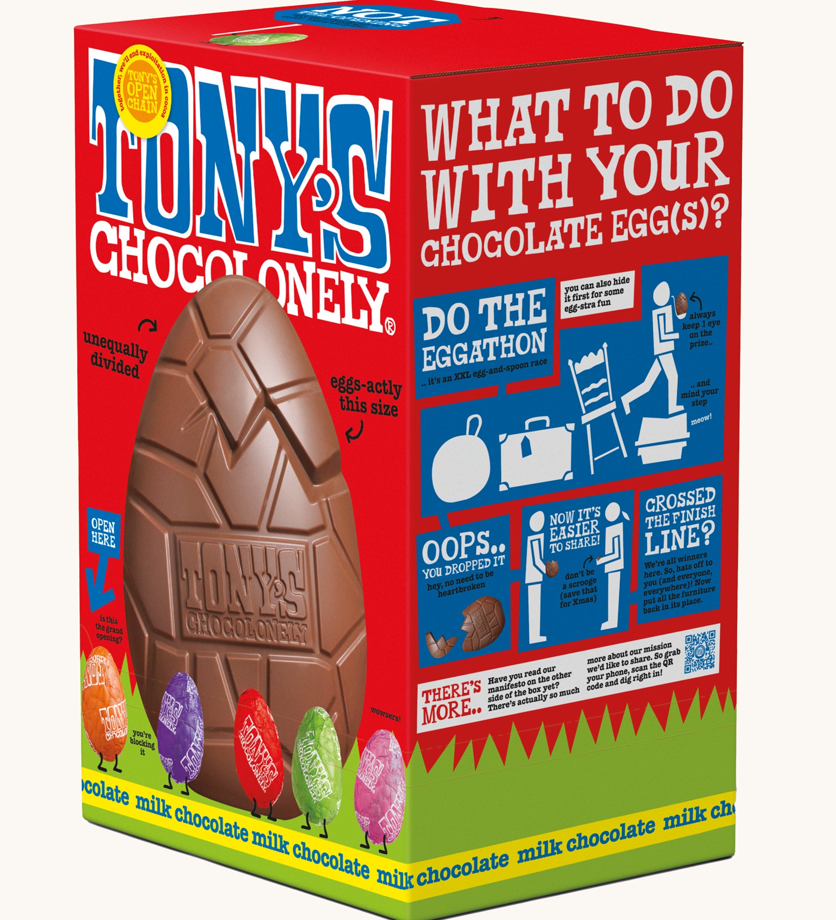 Tony's milk chocolate hollow Easter egg in a red cardboard box on a plain background. Shown at an angle, showing the side of the box.