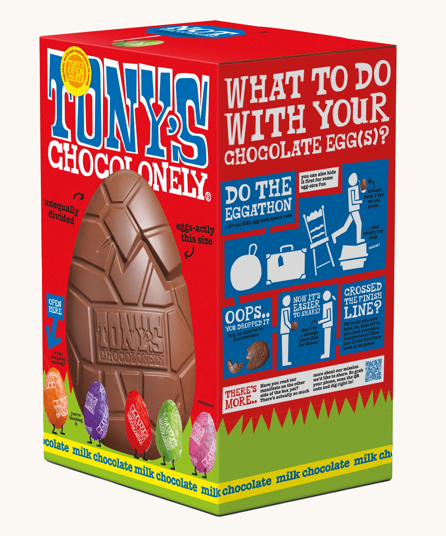 Tony's milk chocolate hollow Easter egg in a red cardboard box on a plain background. Shown at an angle, showing the side of the box.