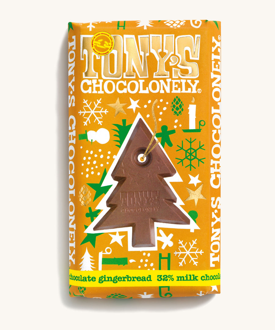 Tony's Chocolonely Fairtrade milk chocolate gingerbread bar on a cream background