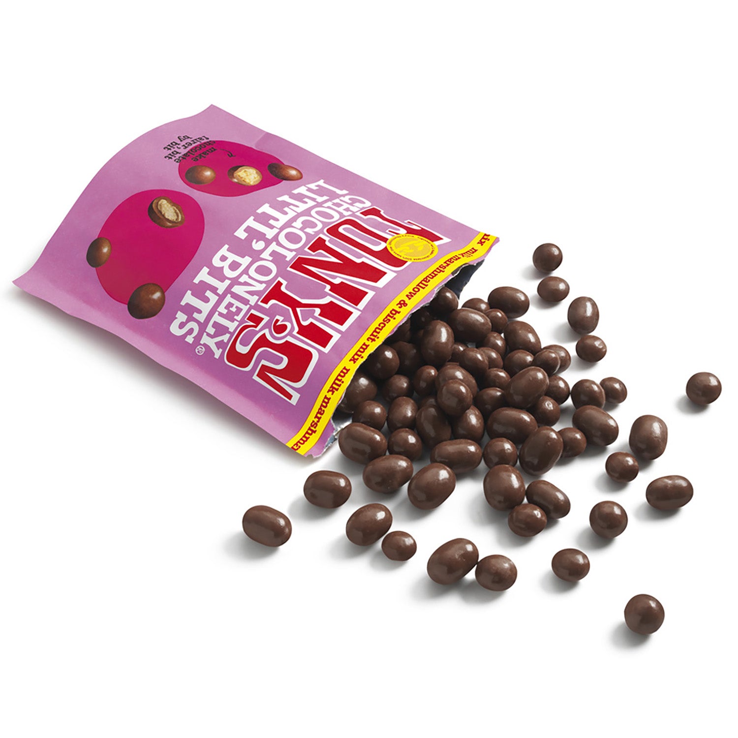 Tony's Chocolonely Litl' Bits Milk Marshmallow & Biscuit mix open pouch showing chocolates inside