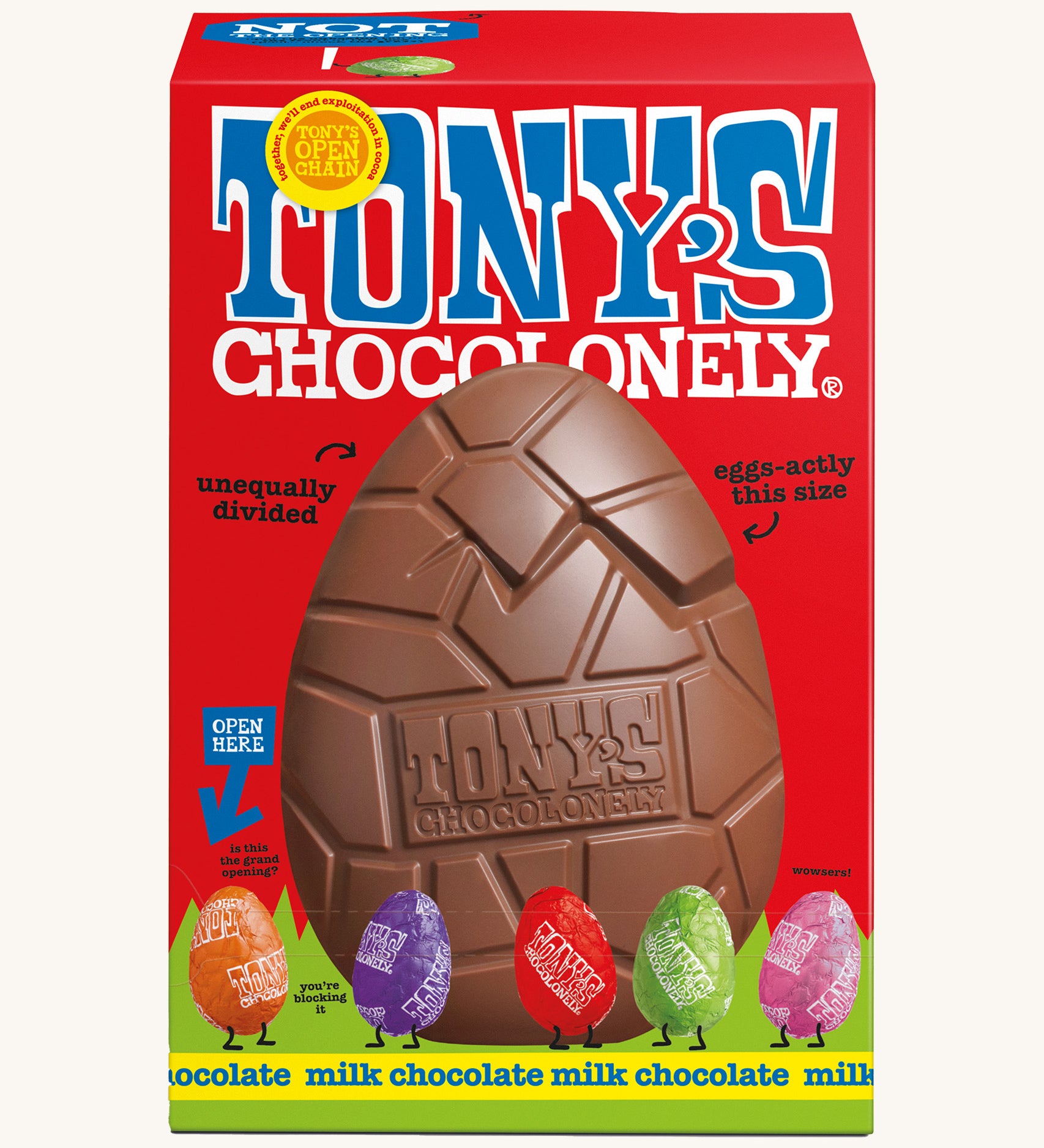 Tony's milk chocolate hollow Easter egg in a red cardboard box on a cream background.