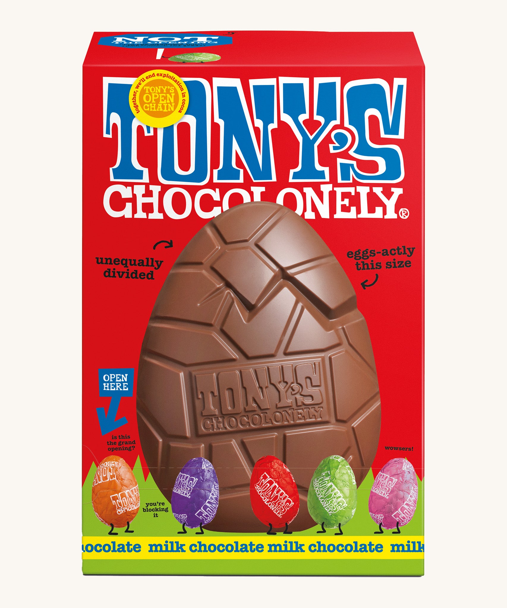 Tony's milk chocolate hollow Easter egg in a red cardboard box on a cream background.