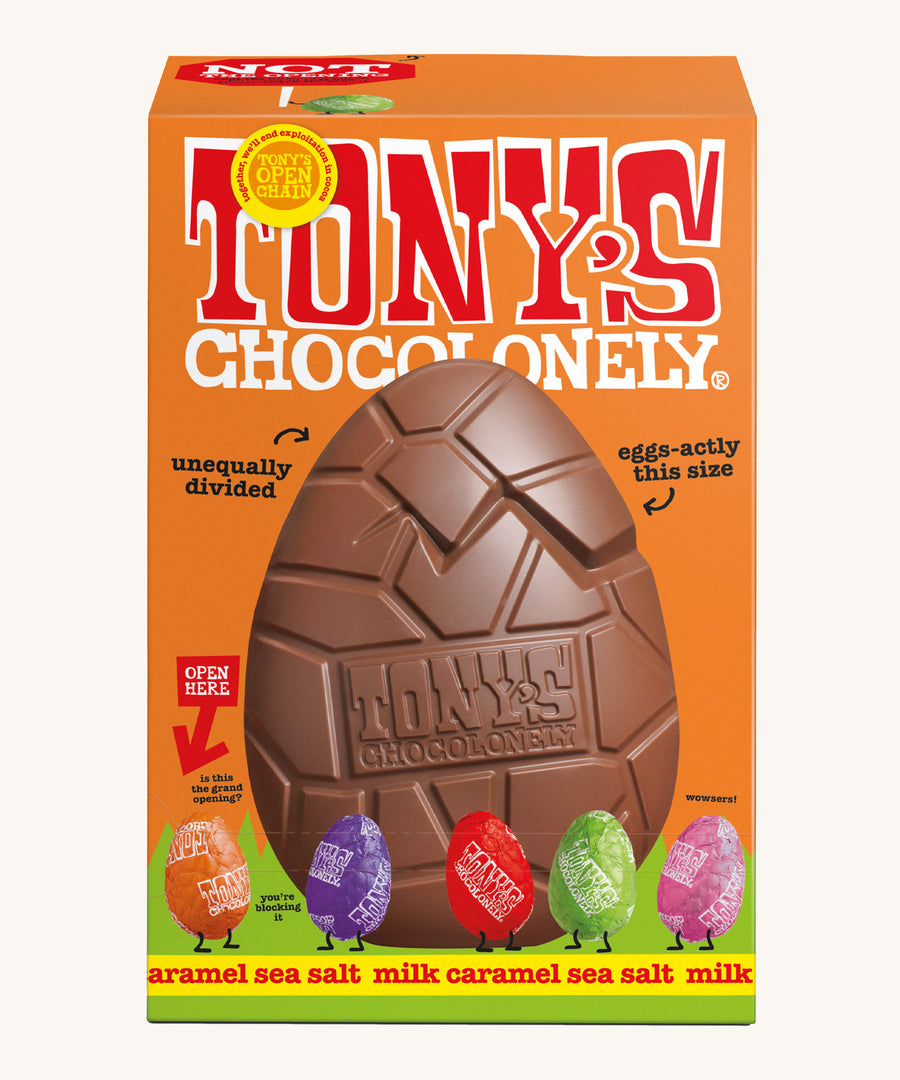 Tony's salted caramel sea salt chocolate hollow Easter egg in a orange cardboard box on a cream background.