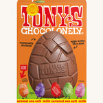 Tony's salted caramel sea salt chocolate hollow Easter egg in a orange cardboard box on a cream background.