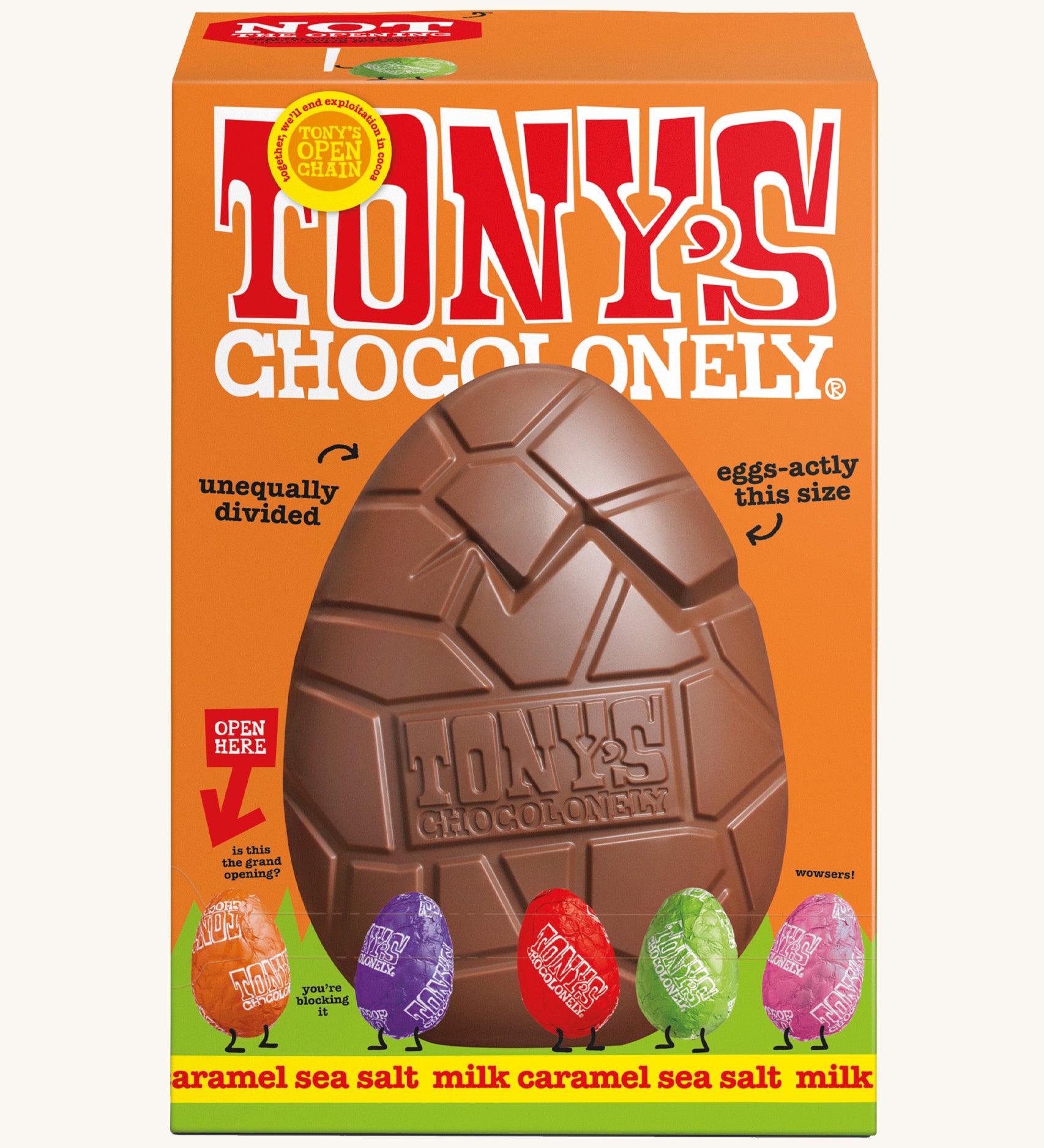 Tony's salted caramel sea salt chocolate hollow Easter egg in a orange cardboard box on a cream background.