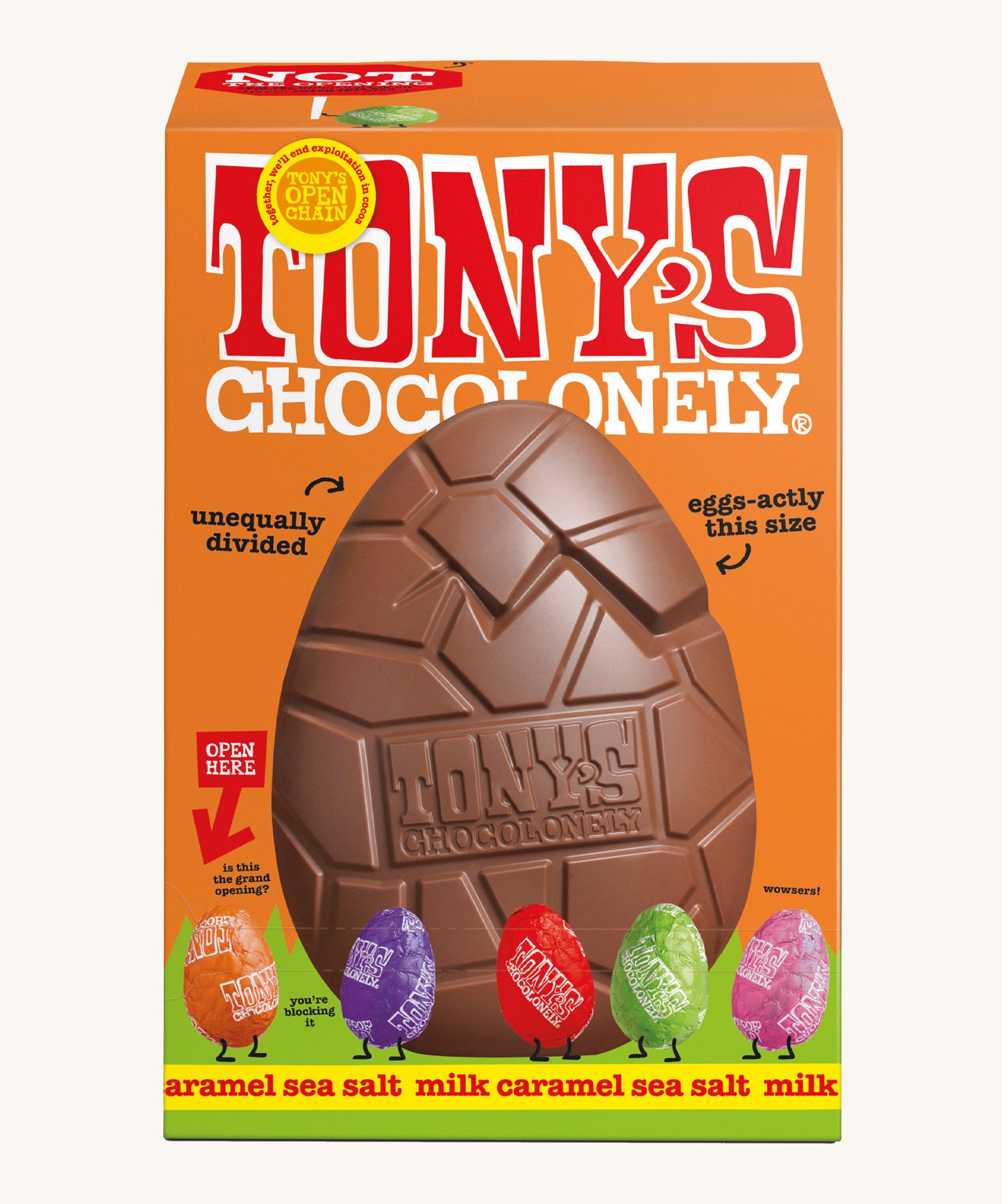 Tony's salted caramel sea salt chocolate hollow Easter egg in a orange cardboard box on a cream background.