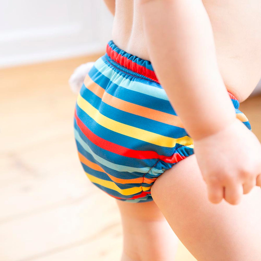 Close up of toddler wearing the Totsbots eco-friendly swim stripe reusable swim pants 