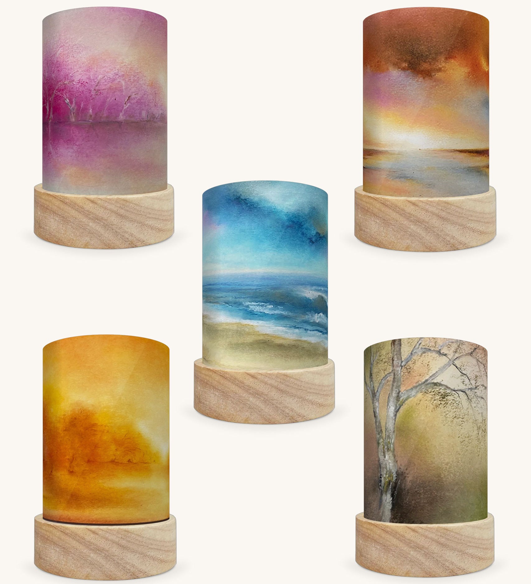 A set of 5 Toverlux Shades for lanterns by artist Baukje Exler. Nature inspired shade illustrations in a soft dreamy chalk style.