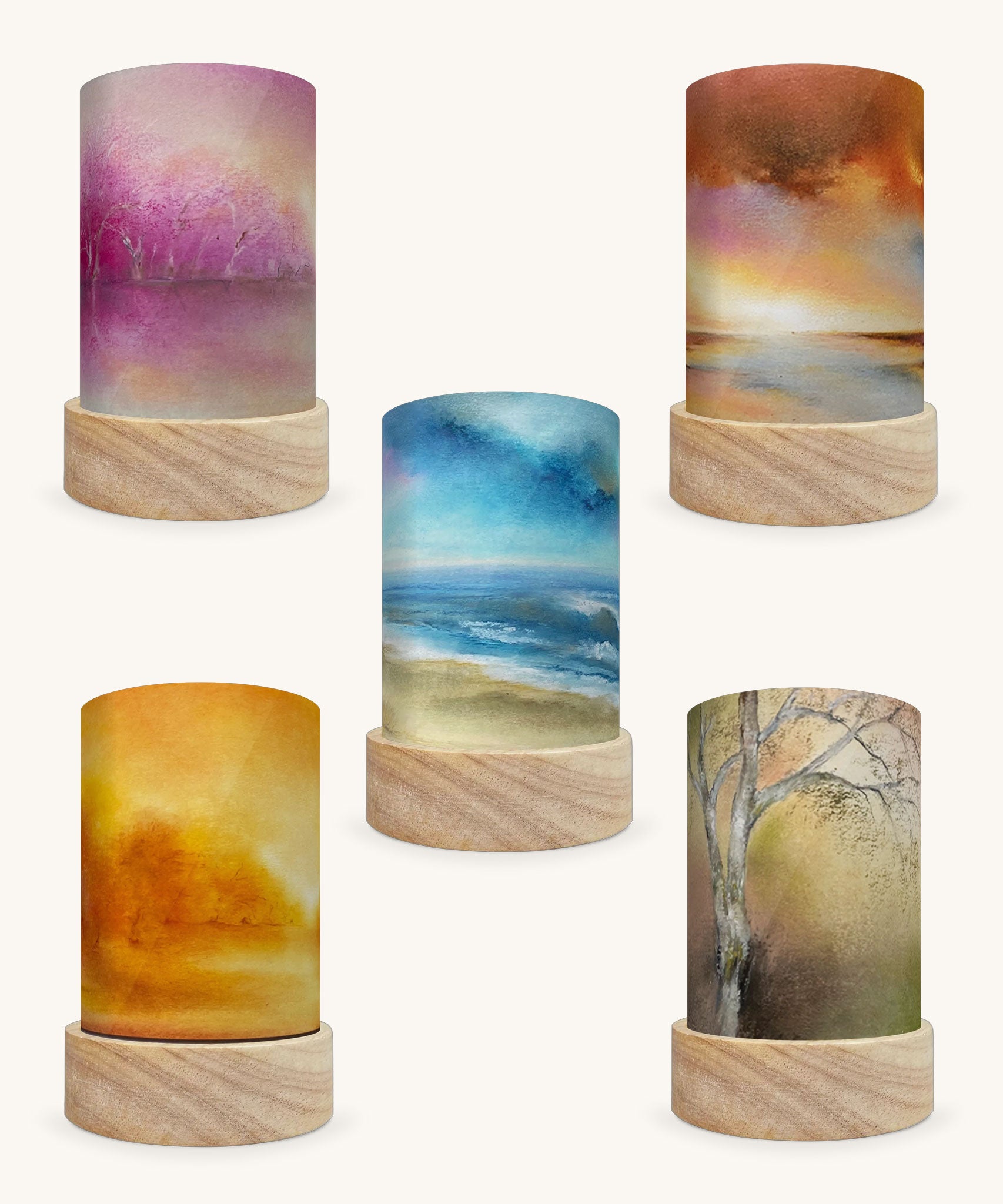 A set of 5 Toverlux Shades for lanterns by artist Baukje Exler. Nature inspired shade illustrations in a soft dreamy chalk style.