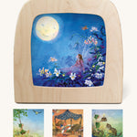 Toverlux Magic Lamp Silhouettes - Artwork By Daniela Drescher. Shown in the image is: Little Fairy Can't Sleep - Moon, Griswald Hears The Grass Grow - Swing, Griswald Hears The Grass Grow - Cake and Goodnight Sandman - Nighty Night. The images are on a cream background