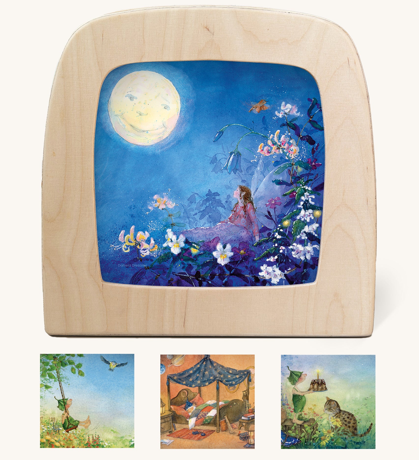 Toverlux Magic Lamp Silhouettes - Artwork By Daniela Drescher. Shown in the image is: Little Fairy Can't Sleep - Moon, Griswald Hears The Grass Grow - Swing, Griswald Hears The Grass Grow - Cake and Goodnight Sandman - Nighty Night. The images are on a cream background