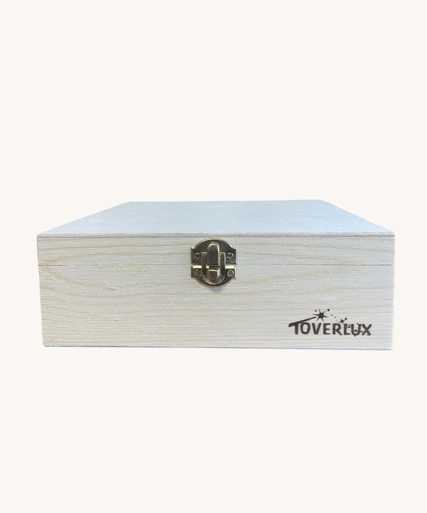 Toverlux Magic Lamp Silhouette Storage Box. A small wooden storage box perfect for storing all your Magic Lamp Silhouette's, on a plain background. The box is shown closed with the metal clasp on teh front. 