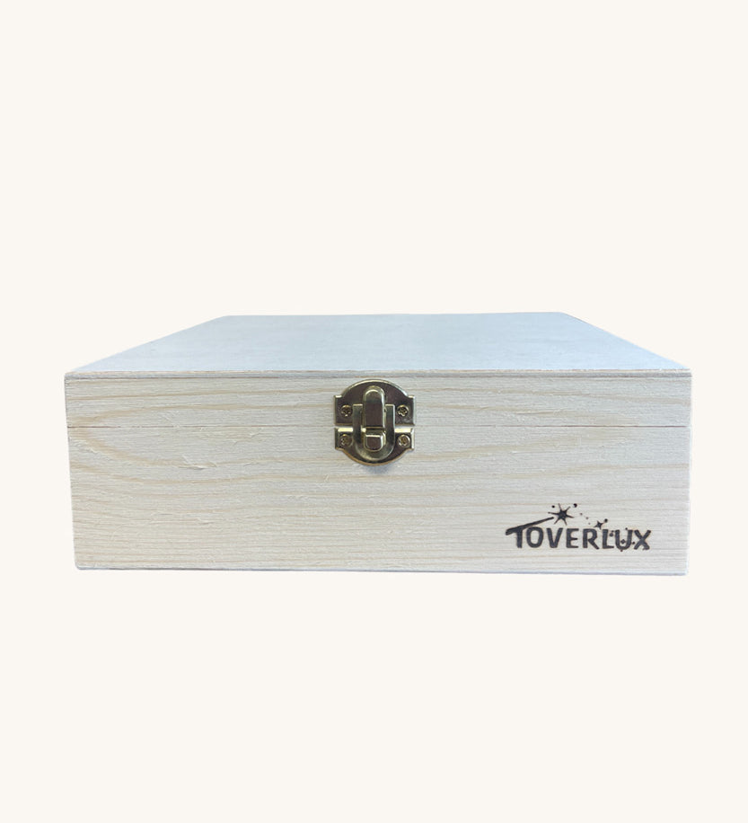 Toverlux Magic Lamp Silhouette Storage Box. A small wooden storage box perfect for storing all your Magic Lamp Silhouette's, on a plain background. The box is shown closed with the metal clasp on teh front. 