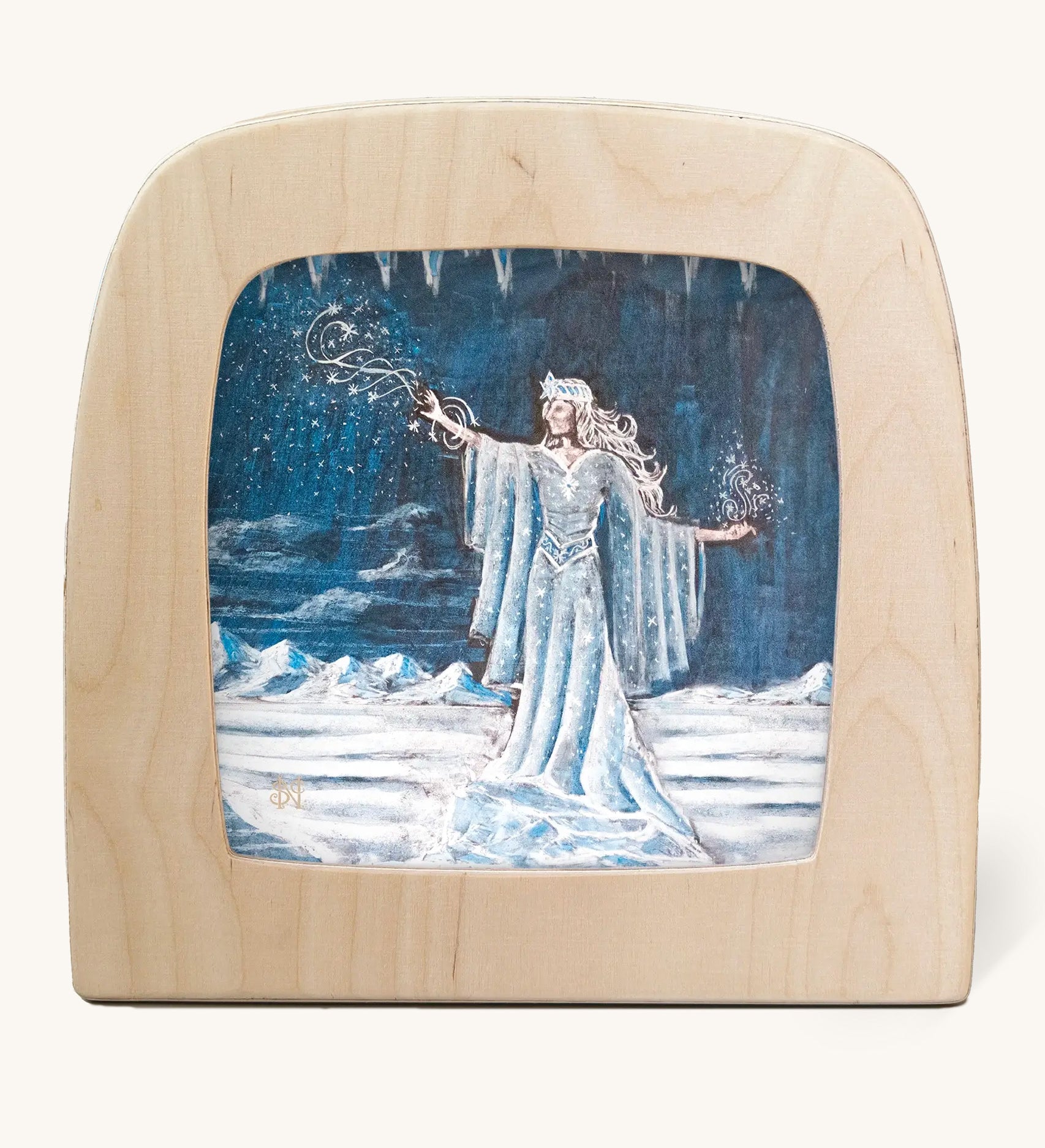 Toverlux Magic Lamp with a Snow Queen silhouette By Nathaniel Santa Cruz. A blue chalk style illustration of a snow queen with a white magical trails standing on a snow covered ground.