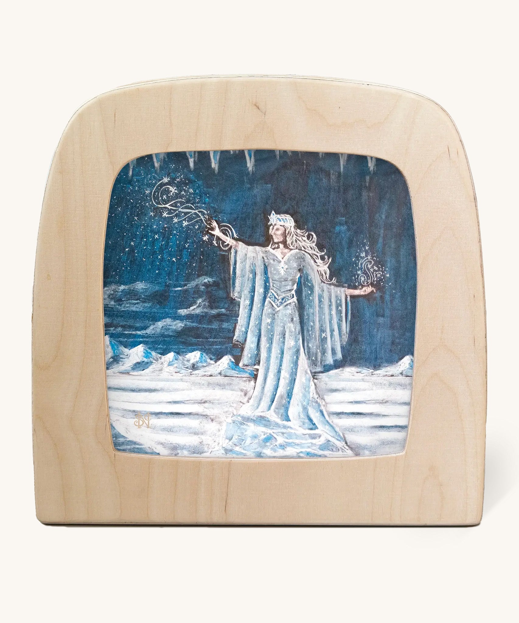 Toverlux Magic Lamp with a Snow Queen silhouette By Nathaniel Santa Cruz. A blue chalk style illustration of a snow queen with a white magical trails standing on a snow covered ground.