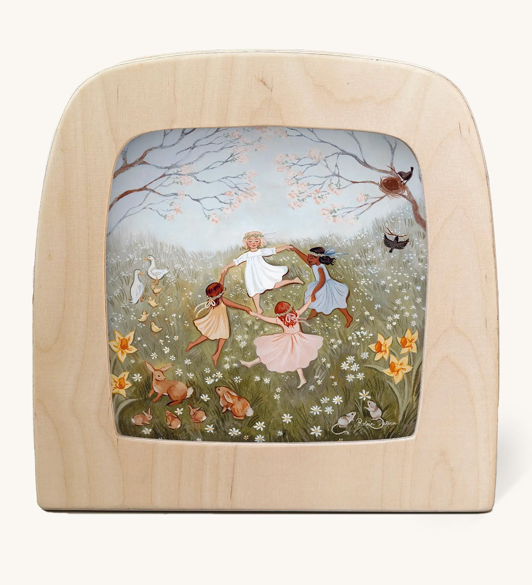 Spring dance Toverlux Magic Lamp Silhouette. Artwork By Robin-Pieterse. A delicate painting style illustration of 4 children dancing in a field surrounded by flowers and woodland animals