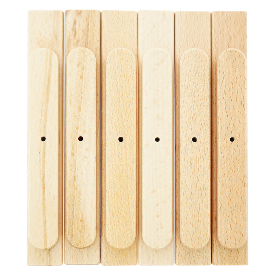 Triclimb natural wooden miri sticks set laid out in a line on a white background