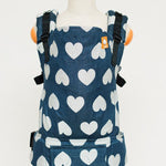 Tula Love Soir Standard Baby Carrier, blue print with large hearts on. 