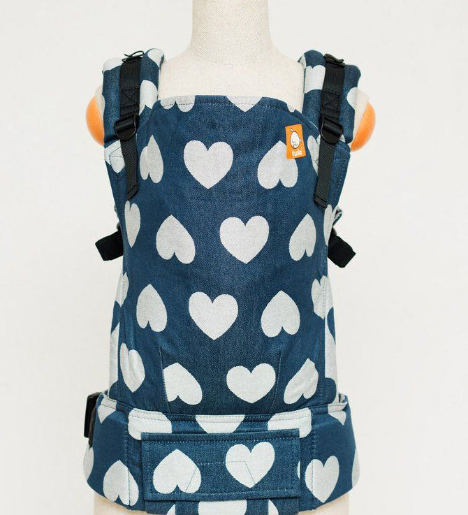 Tula Love Soir Standard Baby Carrier, blue print with large hearts on. 