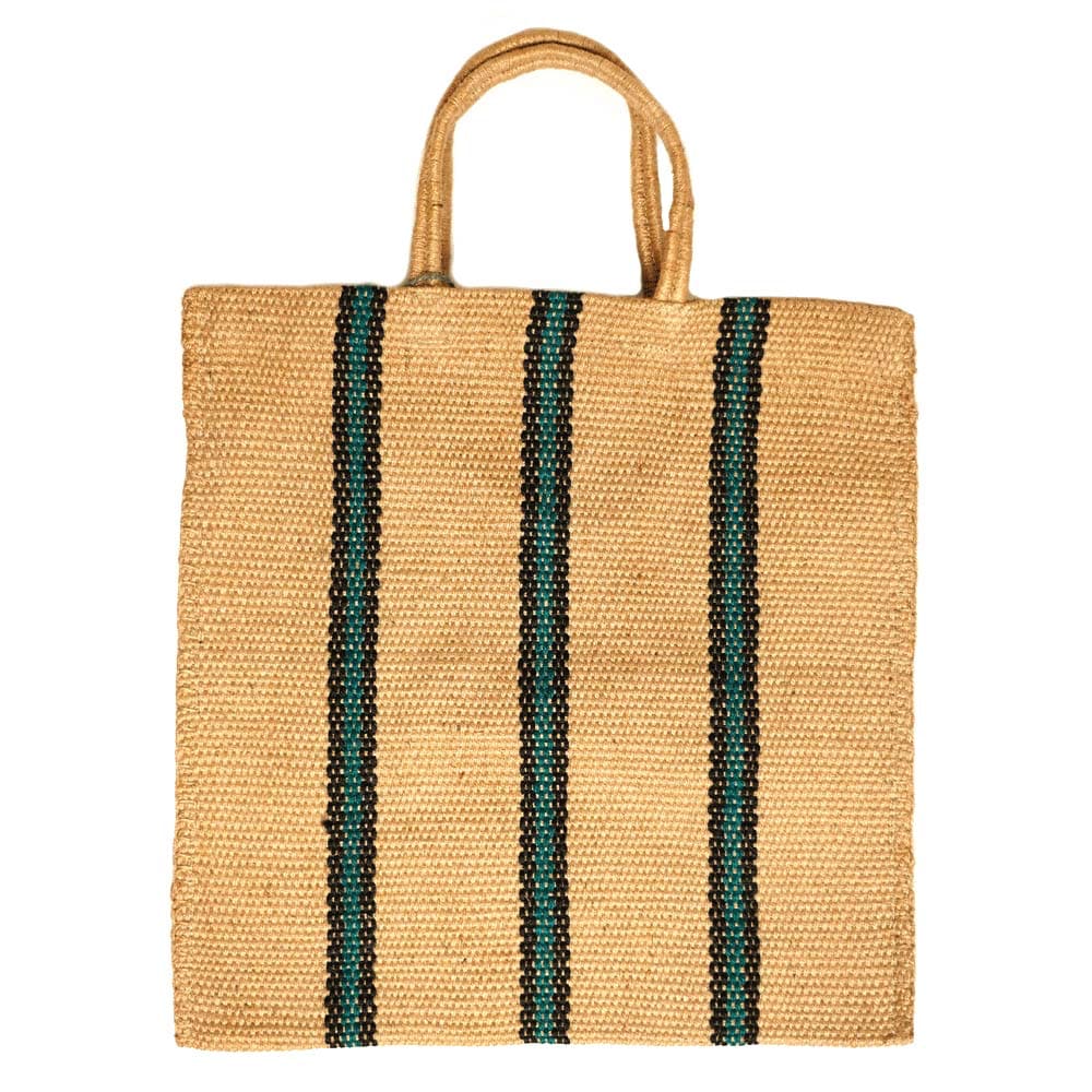 Turtle Bags Blue and Black Stripey Bag. A natural jute bag with short handles and 3 vertical blue and black stripes. laid flat on white background