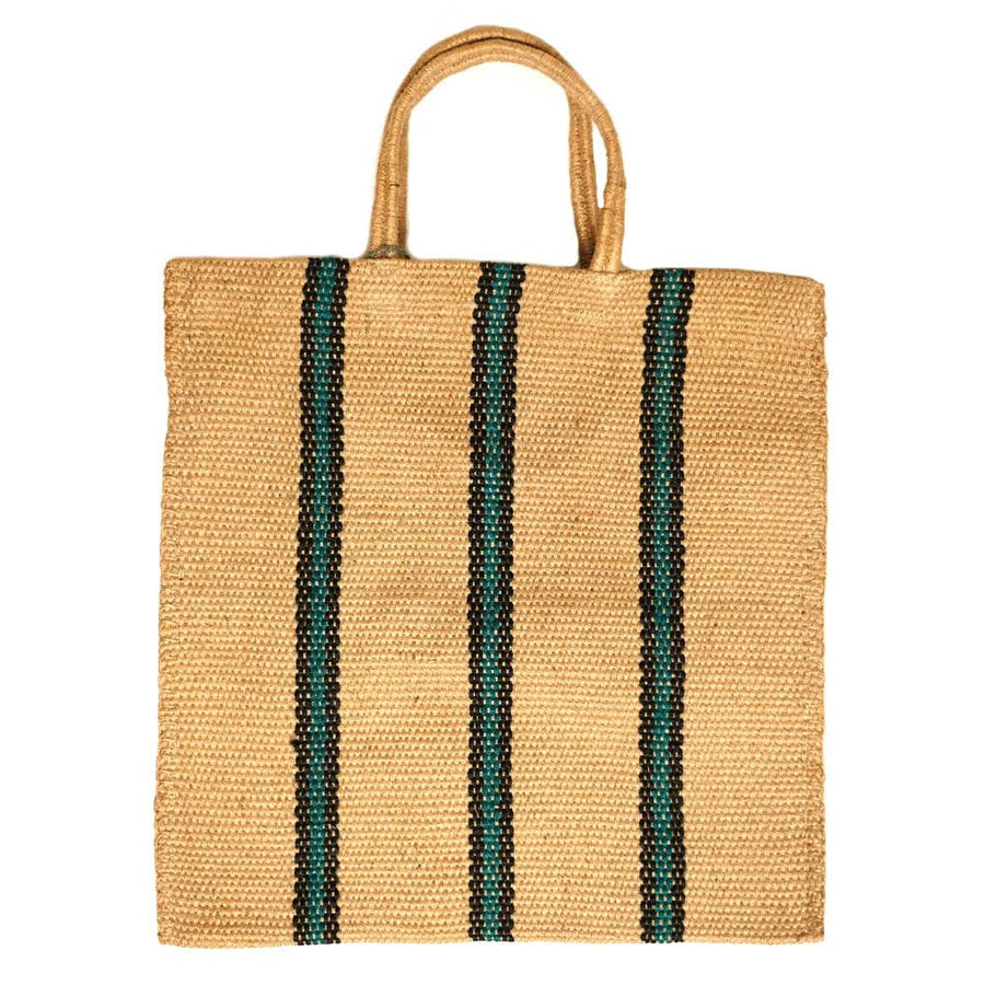 Turtle Bags Blue and Black Stripey Bag. A natural jute bag with short handles and 3 vertical blue and black stripes. laid flat on white background