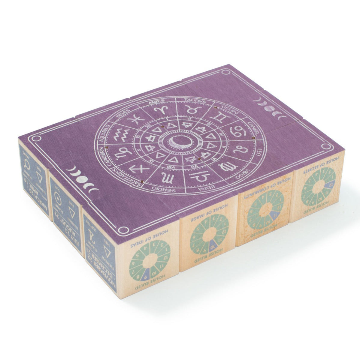 Uncle Goose hand carved wooden star sign toy blocks laid out in a rectangle shape creating a large picture of a purple zodiac calendar